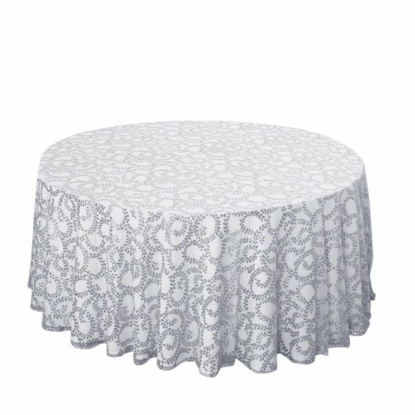 Sequin & Shimmer |  120″ Silver Sequin Leaf Embroidered Seamless Tulle Round Tablecloth, Sheer Table Overlay for 5 Foot Table With Floor-Length Drop