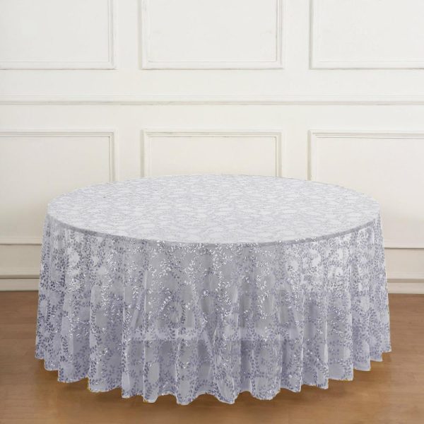 Sequin & Shimmer |  120″ Silver Sequin Leaf Embroidered Seamless Tulle Round Tablecloth, Sheer Table Overlay for 5 Foot Table With Floor-Length Drop