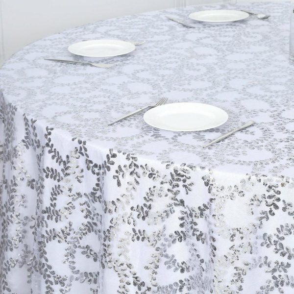 Sequin & Shimmer |  120″ Silver Sequin Leaf Embroidered Seamless Tulle Round Tablecloth, Sheer Table Overlay for 5 Foot Table With Floor-Length Drop