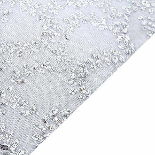 Sequin & Shimmer |  120″ Silver Sequin Leaf Embroidered Seamless Tulle Round Tablecloth, Sheer Table Overlay for 5 Foot Table With Floor-Length Drop