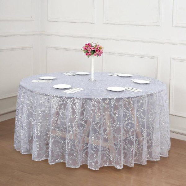 Sequin & Shimmer |  120″ Silver Sequin Leaf Embroidered Seamless Tulle Round Tablecloth, Sheer Table Overlay for 5 Foot Table With Floor-Length Drop