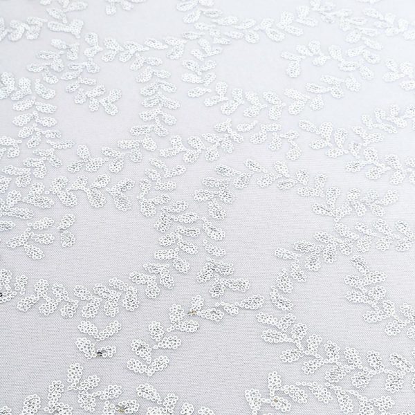 Sequin & Shimmer |  120″ Silver Sequin Leaf Embroidered Seamless Tulle Round Tablecloth, Sheer Table Overlay for 5 Foot Table With Floor-Length Drop