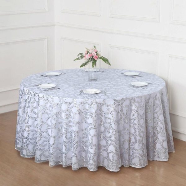 Sequin & Shimmer |  120″ Silver Sequin Leaf Embroidered Seamless Tulle Round Tablecloth, Sheer Table Overlay for 5 Foot Table With Floor-Length Drop