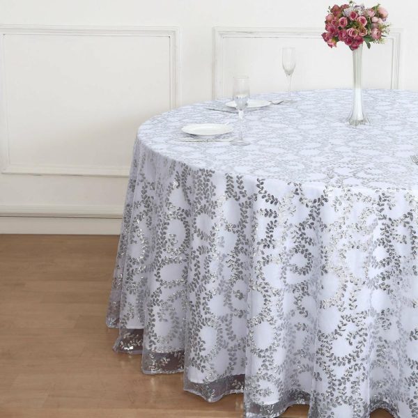 Sequin & Shimmer |  120″ Silver Sequin Leaf Embroidered Seamless Tulle Round Tablecloth, Sheer Table Overlay for 5 Foot Table With Floor-Length Drop