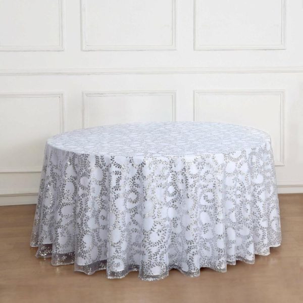 Sequin & Shimmer |  120″ Silver Sequin Leaf Embroidered Seamless Tulle Round Tablecloth, Sheer Table Overlay for 5 Foot Table With Floor-Length Drop