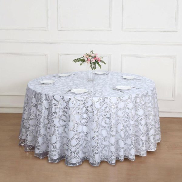 Sequin & Shimmer |  120″ Silver Sequin Leaf Embroidered Seamless Tulle Round Tablecloth, Sheer Table Overlay for 5 Foot Table With Floor-Length Drop