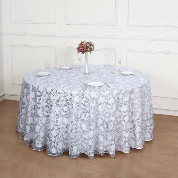 Sequin & Shimmer |  120″ Silver Sequin Leaf Embroidered Seamless Tulle Round Tablecloth, Sheer Table Overlay for 5 Foot Table With Floor-Length Drop