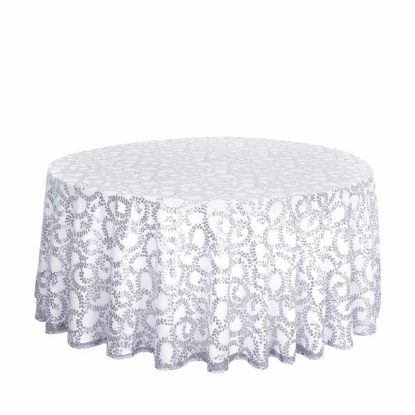 Sequin & Shimmer |  120″ Silver Sequin Leaf Embroidered Seamless Tulle Round Tablecloth, Sheer Table Overlay for 5 Foot Table With Floor-Length Drop