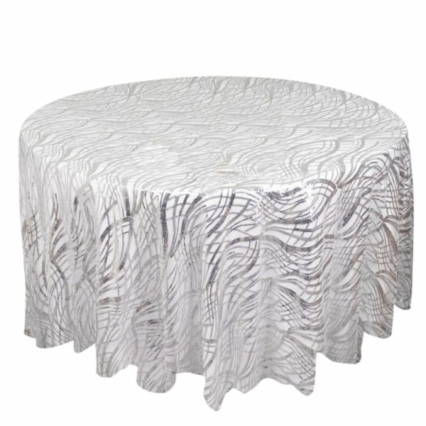 Sequin & Shimmer |  120″ Silver Wave Mesh Round Tablecloth With Embroidered Sequins for 5 Foot Table With Floor-Length Drop