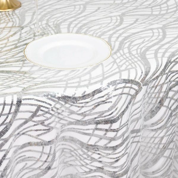 Sequin & Shimmer |  120″ Silver Wave Mesh Round Tablecloth With Embroidered Sequins for 5 Foot Table With Floor-Length Drop