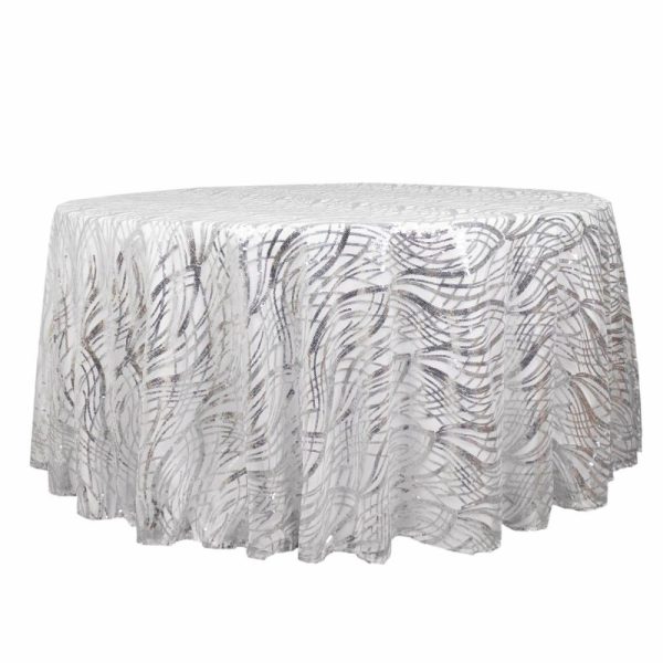 Sequin & Shimmer |  120″ Silver Wave Mesh Round Tablecloth With Embroidered Sequins for 5 Foot Table With Floor-Length Drop