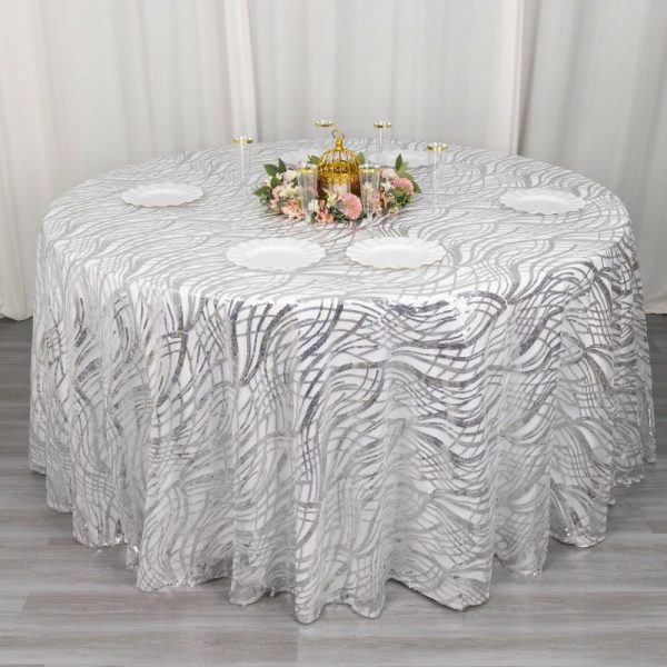 Sequin & Shimmer |  120″ Silver Wave Mesh Round Tablecloth With Embroidered Sequins for 5 Foot Table With Floor-Length Drop