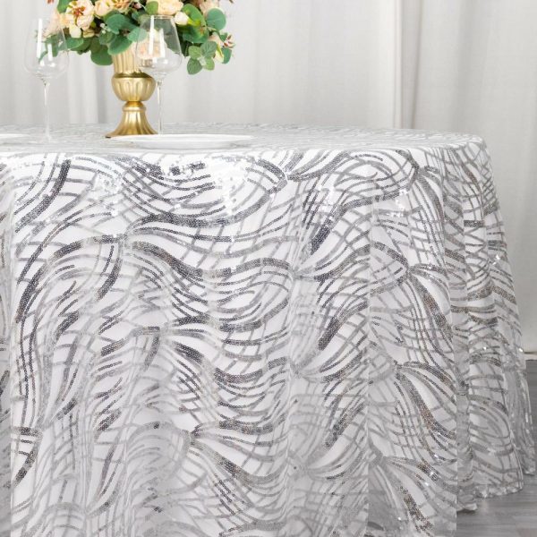 Sequin & Shimmer |  120″ Silver Wave Mesh Round Tablecloth With Embroidered Sequins for 5 Foot Table With Floor-Length Drop