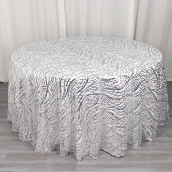 Sequin & Shimmer |  120″ Silver Wave Mesh Round Tablecloth With Embroidered Sequins for 5 Foot Table With Floor-Length Drop