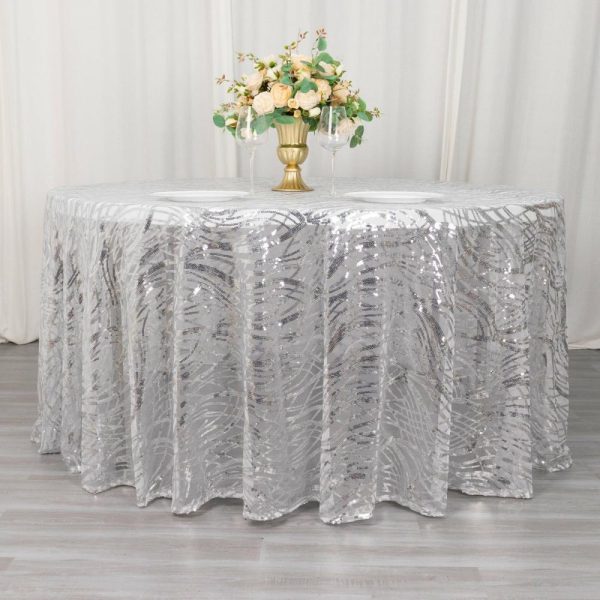 Sequin & Shimmer |  120″ Silver Wave Mesh Round Tablecloth With Embroidered Sequins for 5 Foot Table With Floor-Length Drop