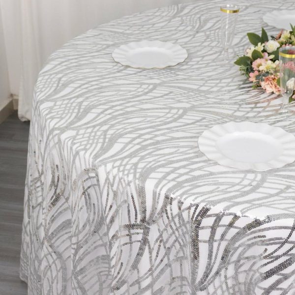 Sequin & Shimmer |  120″ Silver Wave Mesh Round Tablecloth With Embroidered Sequins for 5 Foot Table With Floor-Length Drop