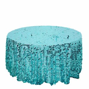 Sequin & Shimmer |  120″ Turquoise Seamless Big Payette Sequin Round Tablecloth Premium Collection for 5 Foot Table With Floor-Length Drop