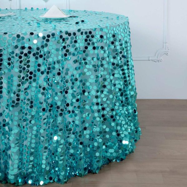 Sequin & Shimmer |  120″ Turquoise Seamless Big Payette Sequin Round Tablecloth Premium Collection for 5 Foot Table With Floor-Length Drop