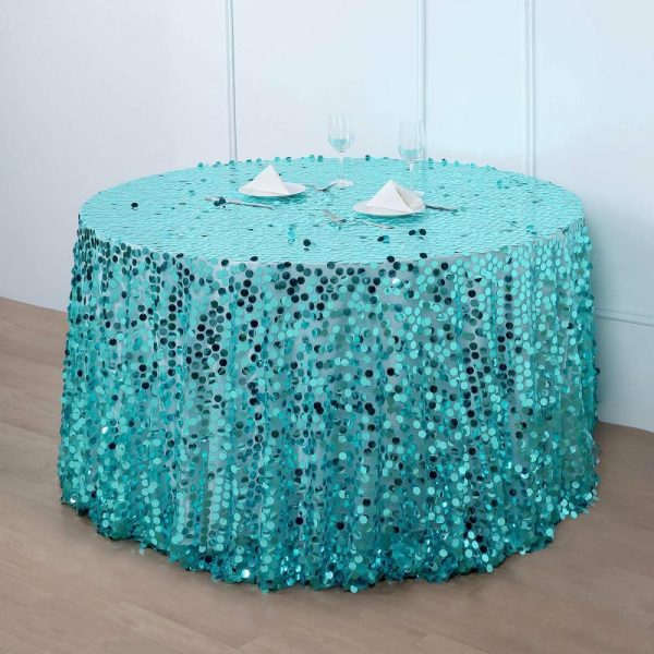 Sequin & Shimmer |  120″ Turquoise Seamless Big Payette Sequin Round Tablecloth Premium Collection for 5 Foot Table With Floor-Length Drop