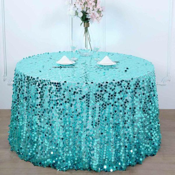 Sequin & Shimmer |  120″ Turquoise Seamless Big Payette Sequin Round Tablecloth Premium Collection for 5 Foot Table With Floor-Length Drop