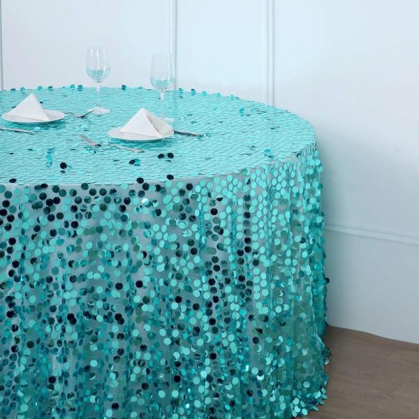 Sequin & Shimmer |  120″ Turquoise Seamless Big Payette Sequin Round Tablecloth Premium Collection for 5 Foot Table With Floor-Length Drop