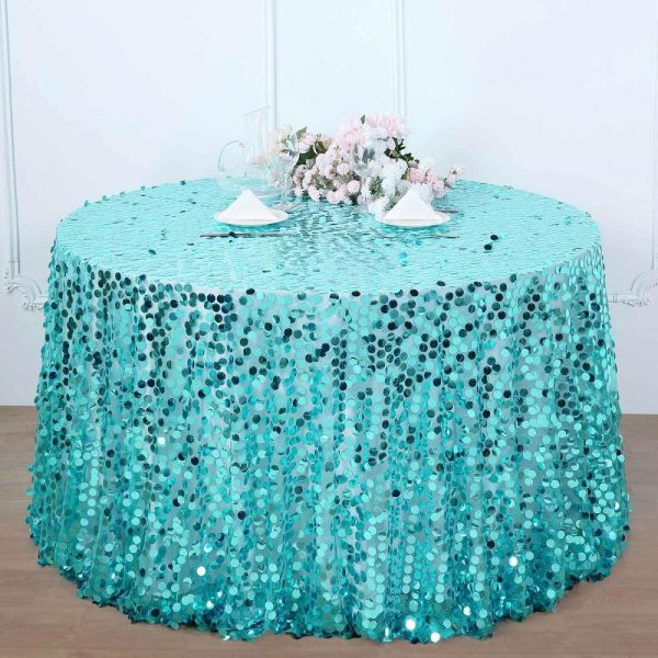 Sequin & Shimmer |  120″ Turquoise Seamless Big Payette Sequin Round Tablecloth Premium Collection for 5 Foot Table With Floor-Length Drop