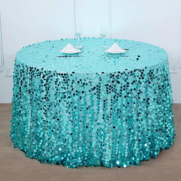 Sequin & Shimmer |  120″ Turquoise Seamless Big Payette Sequin Round Tablecloth Premium Collection for 5 Foot Table With Floor-Length Drop