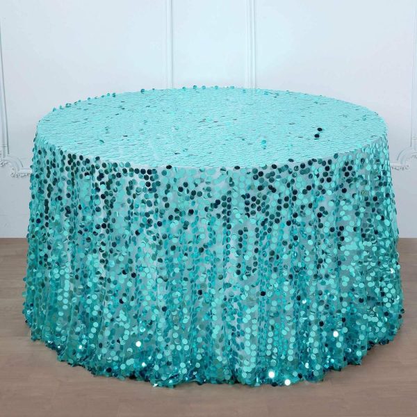 Sequin & Shimmer |  120″ Turquoise Seamless Big Payette Sequin Round Tablecloth Premium Collection for 5 Foot Table With Floor-Length Drop