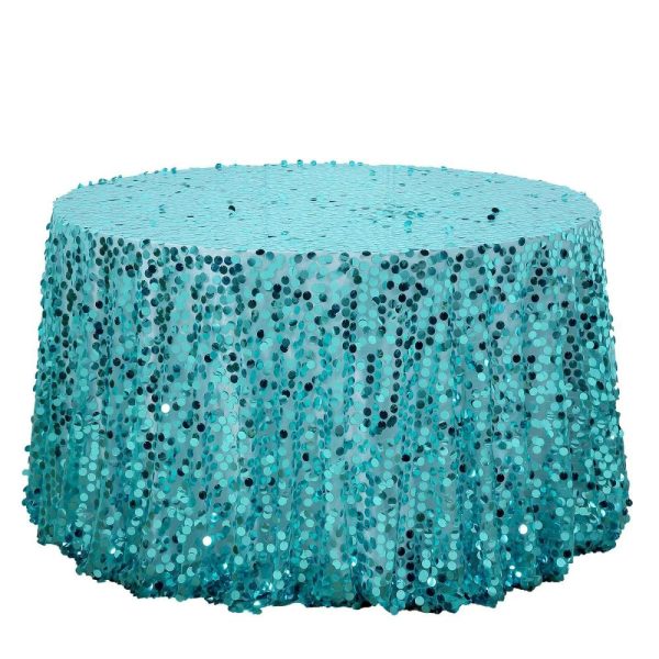 Sequin & Shimmer |  120″ Turquoise Seamless Big Payette Sequin Round Tablecloth Premium Collection for 5 Foot Table With Floor-Length Drop