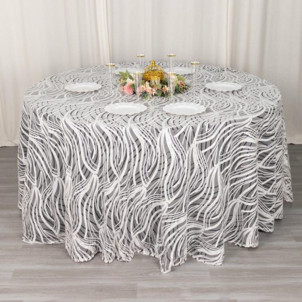 Sequin & Shimmer |  120″ White Black Wave Mesh Round Tablecloth With Embroidered Sequins for 5 Foot Table With Floor-Length Drop