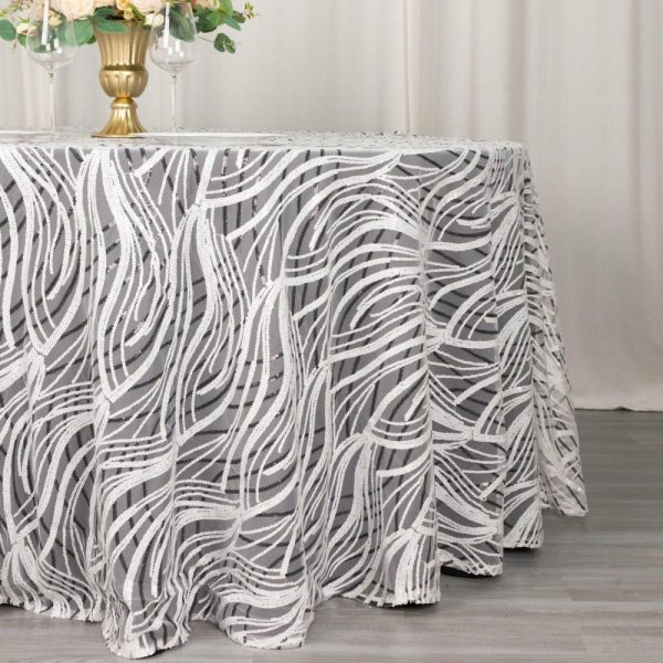 Sequin & Shimmer |  120″ White Black Wave Mesh Round Tablecloth With Embroidered Sequins for 5 Foot Table With Floor-Length Drop