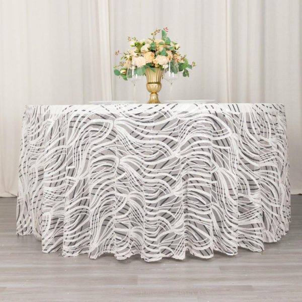 Sequin & Shimmer |  120″ White Black Wave Mesh Round Tablecloth With Embroidered Sequins for 5 Foot Table With Floor-Length Drop