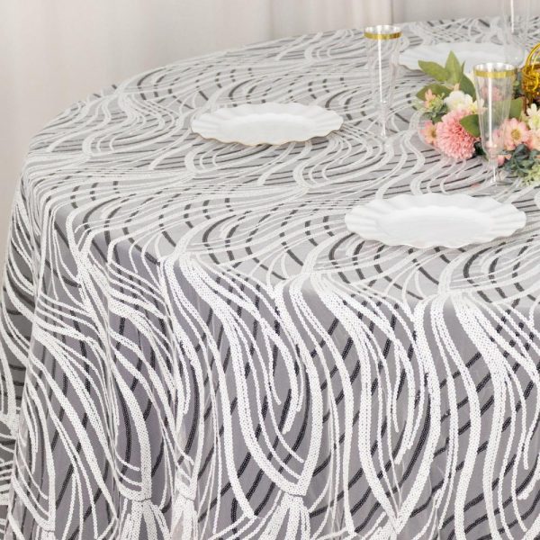 Sequin & Shimmer |  120″ White Black Wave Mesh Round Tablecloth With Embroidered Sequins for 5 Foot Table With Floor-Length Drop