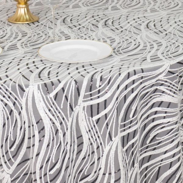 Sequin & Shimmer |  120″ White Black Wave Mesh Round Tablecloth With Embroidered Sequins for 5 Foot Table With Floor-Length Drop