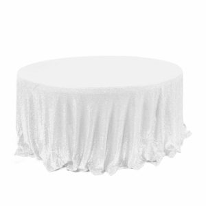 Sequin & Shimmer |  120″ White Seamless Premium Sequin Round Tablecloth for 5 Foot Table With Floor-Length Drop