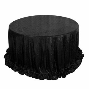 Sequin & Shimmer |  132″ Black Seamless Premium Sequin Round Tablecloth, Sparkly Tablecloth for 6 Foot Table With Floor-Length Drop