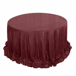 Sequin & Shimmer |  132″ Burgundy Seamless Premium Sequin Round Tablecloth, Sparkly Tablecloth for 6 Foot Table With Floor-Length Drop