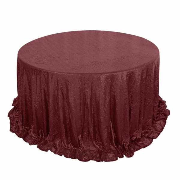 Sequin & Shimmer |  132″ Burgundy Seamless Premium Sequin Round Tablecloth, Sparkly Tablecloth for 6 Foot Table With Floor-Length Drop