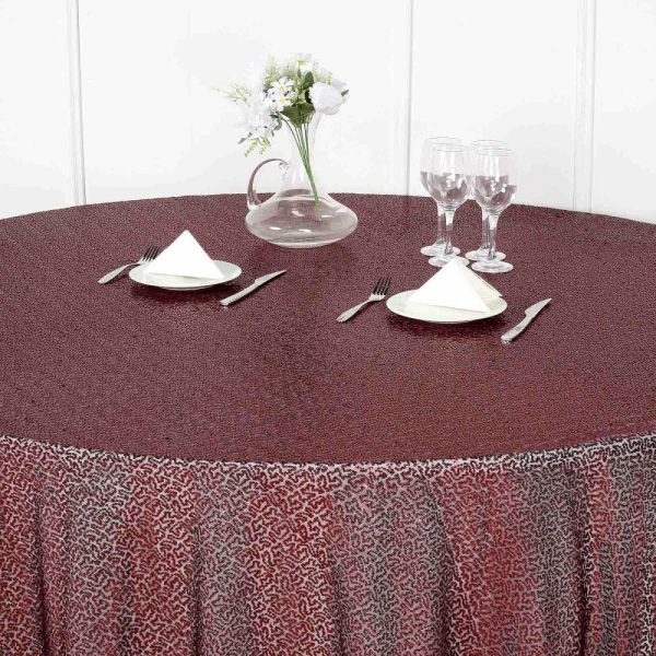 Sequin & Shimmer |  132″ Burgundy Seamless Premium Sequin Round Tablecloth, Sparkly Tablecloth for 6 Foot Table With Floor-Length Drop