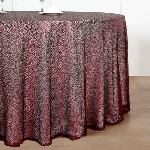 Sequin & Shimmer |  132″ Burgundy Seamless Premium Sequin Round Tablecloth, Sparkly Tablecloth for 6 Foot Table With Floor-Length Drop