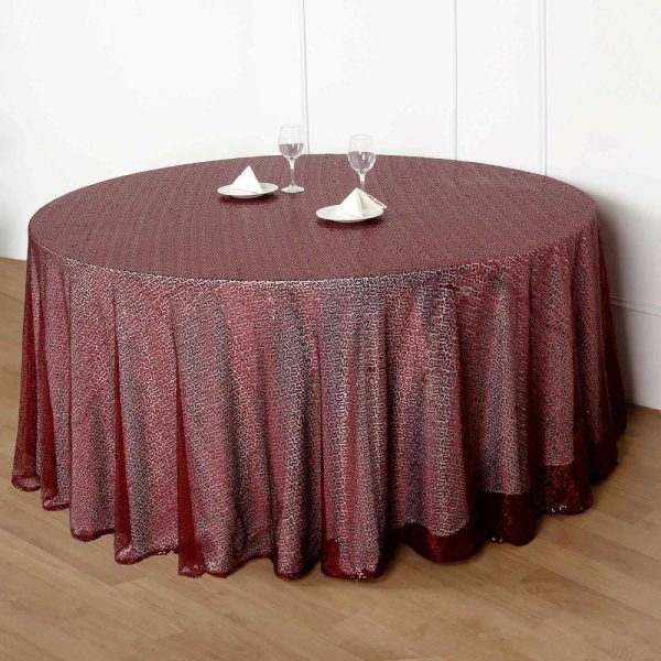 Sequin & Shimmer |  132″ Burgundy Seamless Premium Sequin Round Tablecloth, Sparkly Tablecloth for 6 Foot Table With Floor-Length Drop