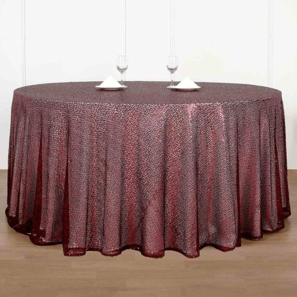 Sequin & Shimmer |  132″ Burgundy Seamless Premium Sequin Round Tablecloth, Sparkly Tablecloth for 6 Foot Table With Floor-Length Drop