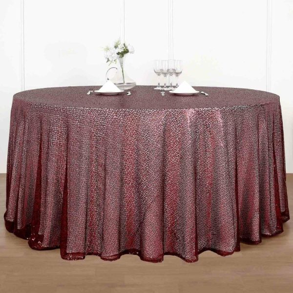 Sequin & Shimmer |  132″ Burgundy Seamless Premium Sequin Round Tablecloth, Sparkly Tablecloth for 6 Foot Table With Floor-Length Drop