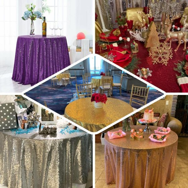 Sequin & Shimmer |  132″ Burgundy Seamless Premium Sequin Round Tablecloth, Sparkly Tablecloth for 6 Foot Table With Floor-Length Drop