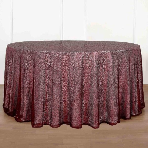 Sequin & Shimmer |  132″ Burgundy Seamless Premium Sequin Round Tablecloth, Sparkly Tablecloth for 6 Foot Table With Floor-Length Drop