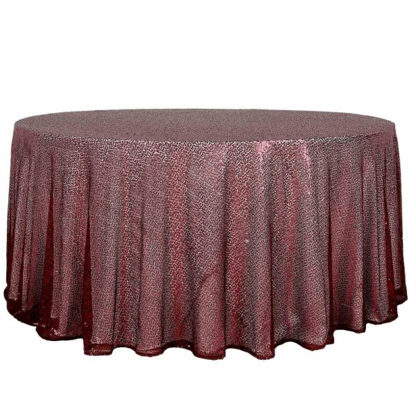 Sequin & Shimmer |  132″ Burgundy Seamless Premium Sequin Round Tablecloth, Sparkly Tablecloth for 6 Foot Table With Floor-Length Drop