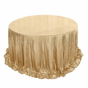 Sequin & Shimmer |  132″ Champagne Seamless Premium Sequin Round Tablecloth, Sparkly Tablecloth for 6 Foot Table With Floor-Length Drop