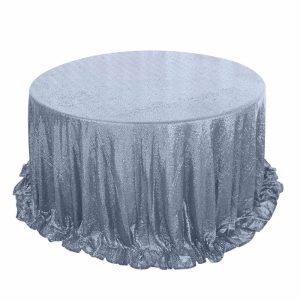 Sequin & Shimmer |  132″ Dusty Blue Seamless Premium Sequin Round Tablecloth, Sparkly Tablecloth for 6 Foot Table With Floor-Length Drop