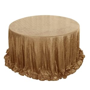 Sequin & Shimmer |  132″ Gold Seamless Premium Sequin Round Tablecloth, Sparkly Tablecloth for 6 Foot Table With Floor-Length Drop