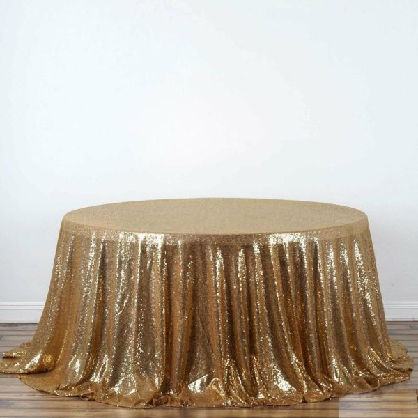 Sequin & Shimmer |  132″ Gold Seamless Premium Sequin Round Tablecloth, Sparkly Tablecloth for 6 Foot Table With Floor-Length Drop